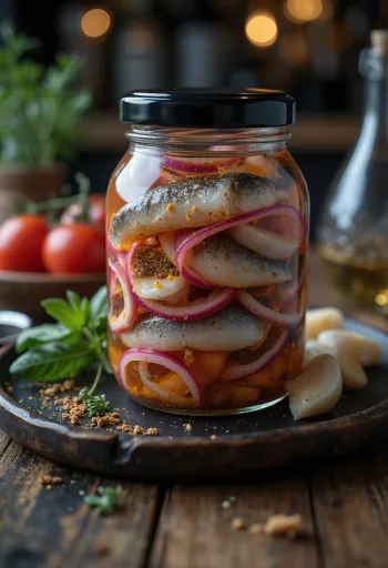 Arenque em conserva picante no pote