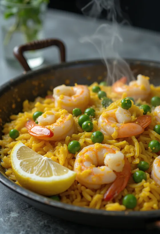Paella espanhola com frutos do mar frescos, legumes e açafrão