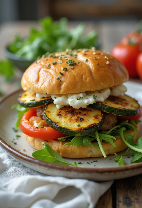 Hambúrguer vegetariano com legumes grelhados servido