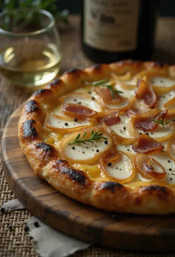 Tarte flambée com creme de leite, cebola e bacon