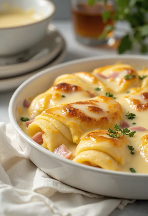 Panqueca de presunto com bechamel recém-assada