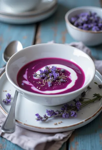 Sopa creme de beterraba com lavanda servida