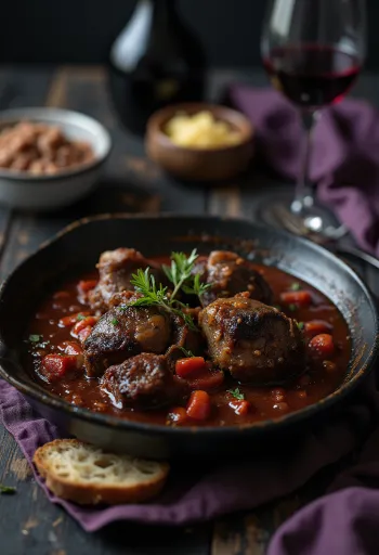 Ossobuco ao vinho tinto, ossos de vitela macios servidos com molho rico
