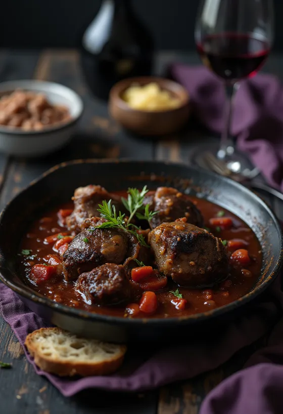 Ossobuco ao vinho tinto, ossos de vitela macios servidos com molho rico