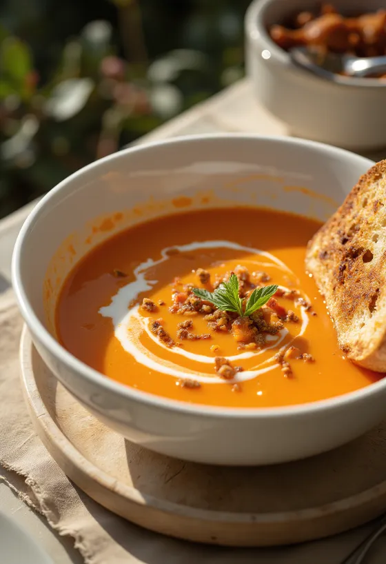 Creme de pimentão vermelho servido