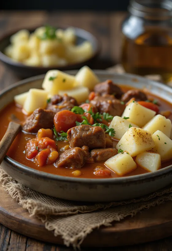 Ensopado de carne com batatas servido no prato