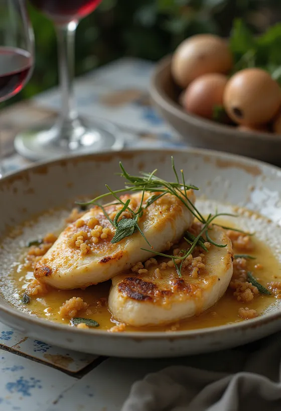Saltimbocca de vitela com molho de manteiga e sálvia, servido com presunto de Parma em prato elegante