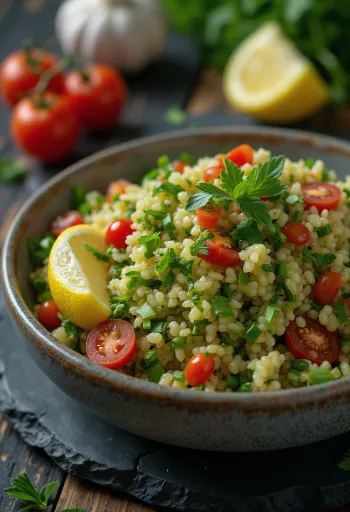 Tabule com alho, salada fresca com vegetais e trigo
