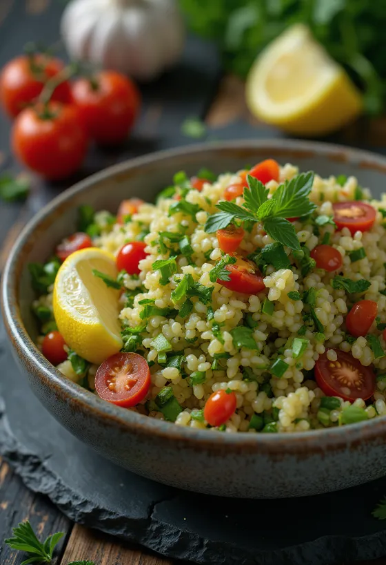 Tabule com alho, salada fresca com vegetais e trigo