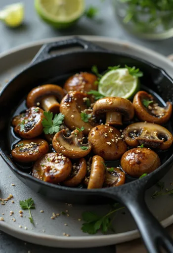 Tamari com cogumelos, um prato picante feito com molho de soja tamari e cogumelos frescos, decorado com coentro e folha de limão