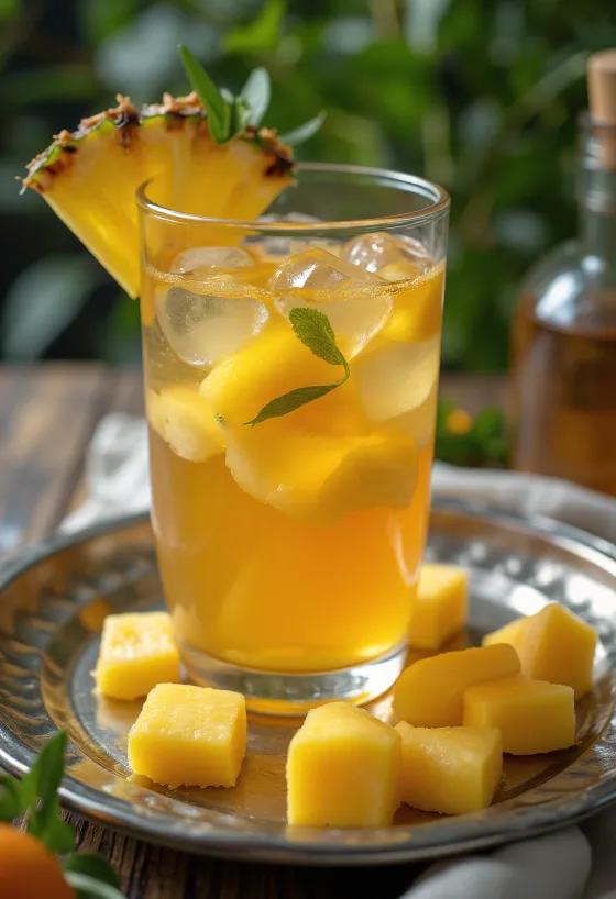 Chá de frutas tropicais servido em copo
