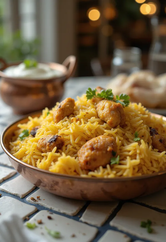Yakhni Pulao, frango condimentado e arroz servido