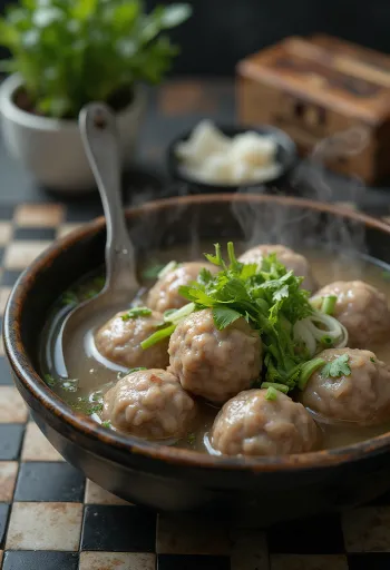 Bakso de carne bovina, em caldo rico, servido com coentro fresco