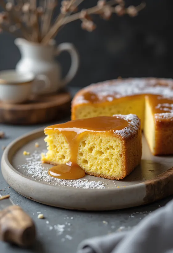 Bolo de fubá com calda de caramelo, servido fresco