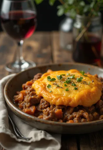 Shepherd’s pie de cordeiro servido com purê de batata-doce por cima