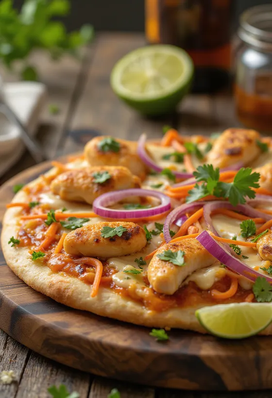 Pizza de frango tailandesa com molho de amendoim e coentro