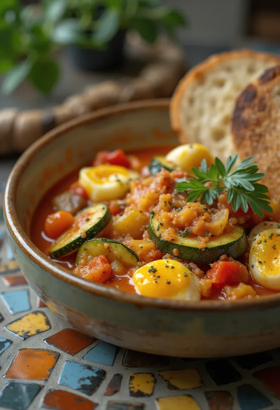 Ensopado de legumes com molho de páprica suculento e ervas.