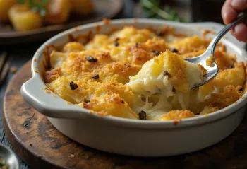 Tentação de Jansson com extra creme, servido com queijo e cebola dourada