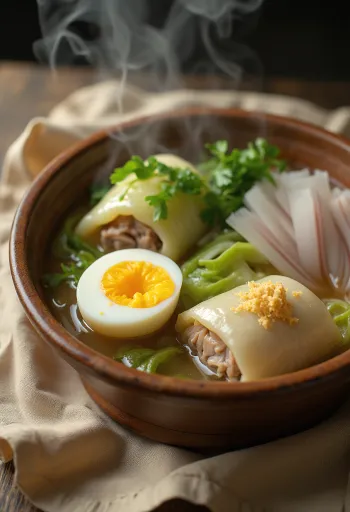 Oden com rolinhos de repolho, ovos e legumes frescos servido