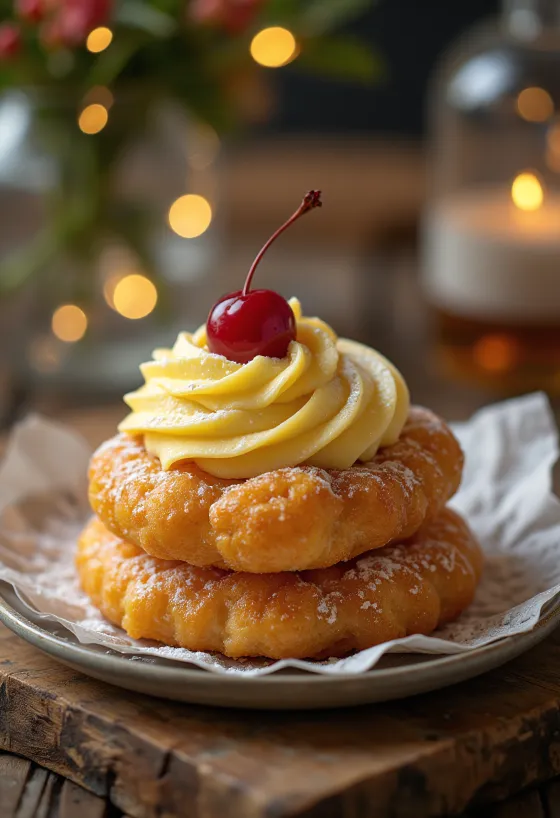 Zeppole com creme de baunilha, doces frescos e dourados recheados com creme