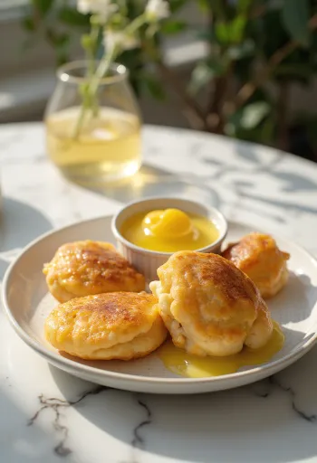 Æbleskiver com creme de limão, bolinhas fofas e frescas decoradas com molho de limão