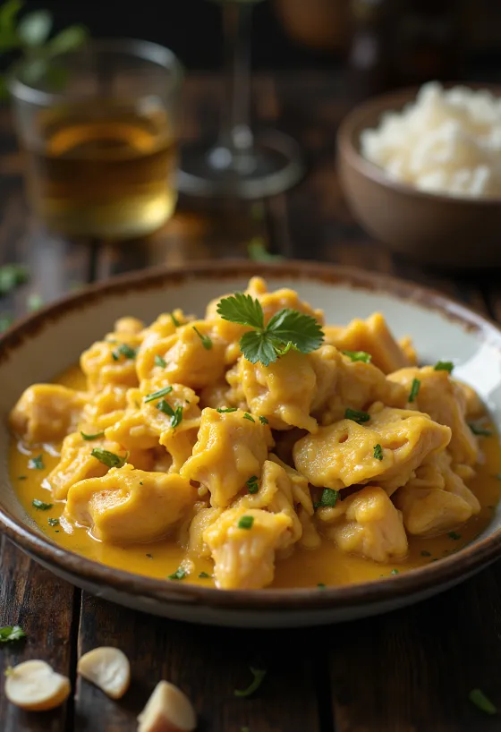 Ají de Gallina com alho, servido com frango suculento e molho rico.