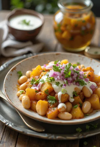 Tigela de Chaat indiano com feijão, batata, molhos coloridos e coentro