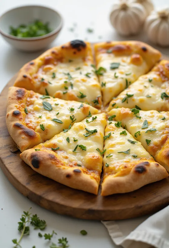 Pizza Quatro Queijos com Azeite de Alho servida