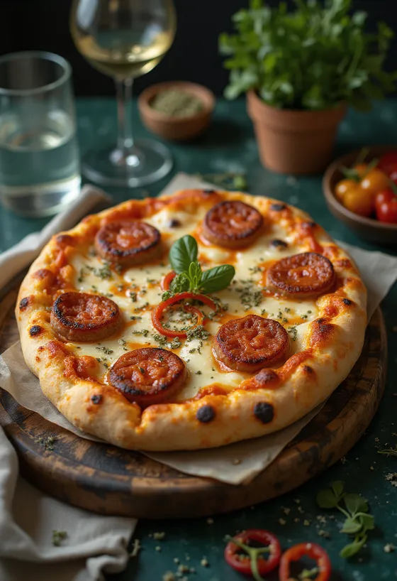 Pizza Diavola vegana com linguiça vegetal e pimenta