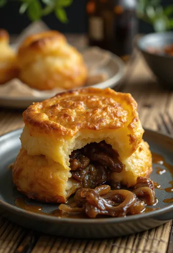 Yorkshire pudding recheado com cebola caramelizada, servido como acompanhamento inglês crocante