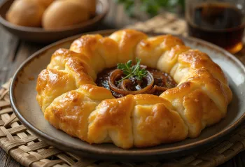 Yorkshire pudding recheado com cebola caramelizada, servido como acompanhamento inglês crocante