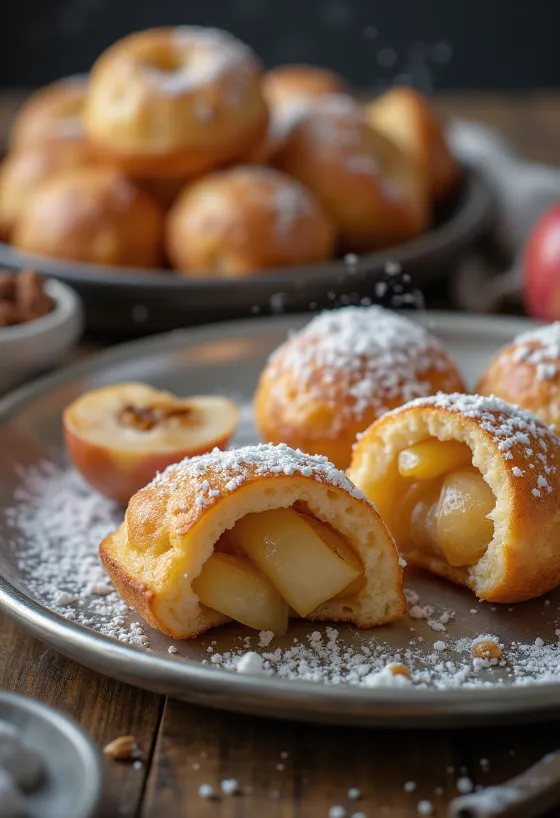Æbleskiver com recheio de maçã e canela, assado até dourar, polvilhado com açúcar de confeiteiro
