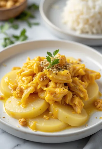 Ají de gallina sem ovos, frango com molho amarelo cremoso, servido com arroz e batata
