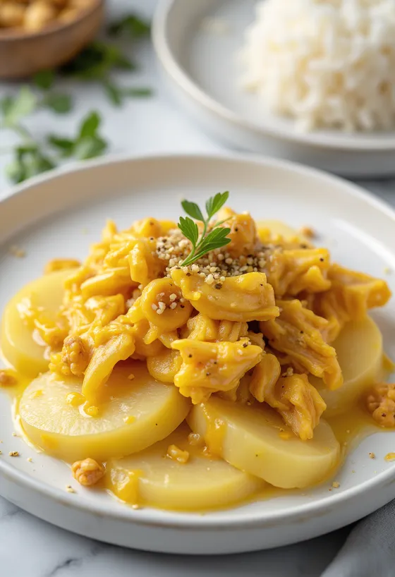 Ají de gallina sem ovos, frango com molho amarelo cremoso, servido com arroz e batata