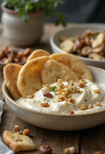 Fatteh com tahine, pão sírio torrado, grão-de-bico, molho rico de tahine e iogurte e pinoli.