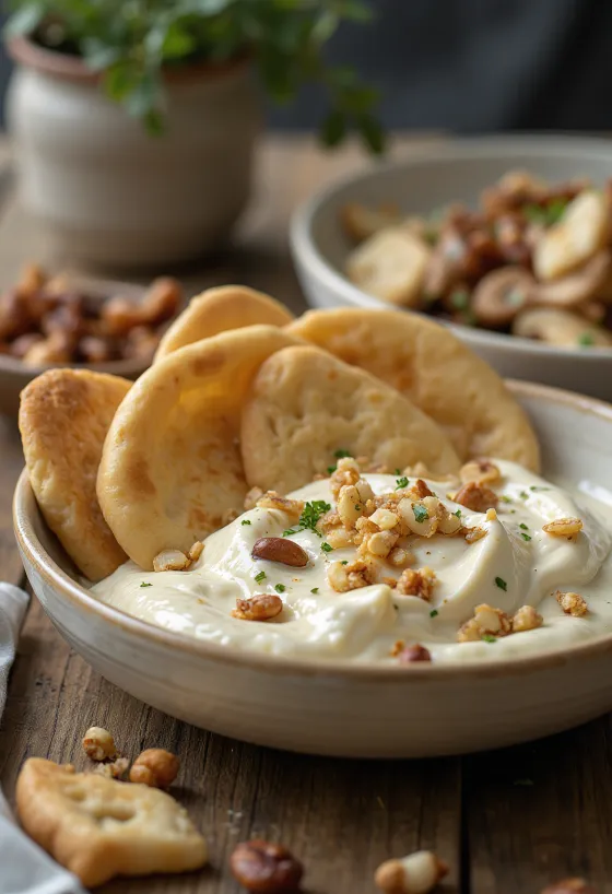 Fatteh com tahine, pão sírio torrado, grão-de-bico, molho rico de tahine e iogurte e pinoli.