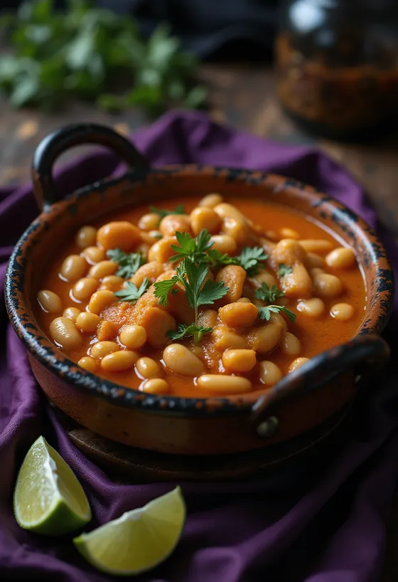 Ensopado de feijão branco rico em molho de curry vermelho com coentro