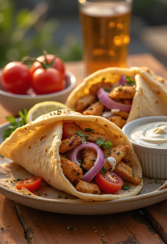 Carne de gyros recém-frita no pão pita, servida com vegetais e molho de iogurte.