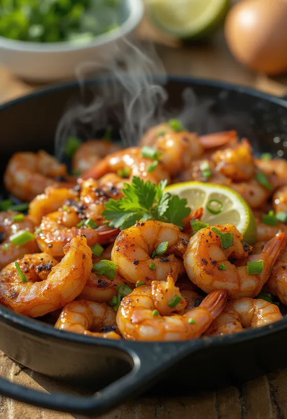 Camarão Jerk, temperado e picante, servido com limão e coentro