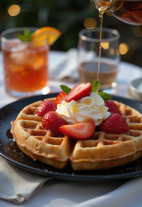 Waffle coquetel servido com chantilly alcoólico e morangos