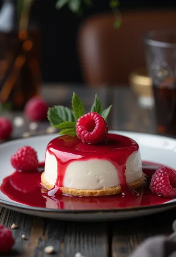 Torta de panna cotta com framboesa decorada com frutas
