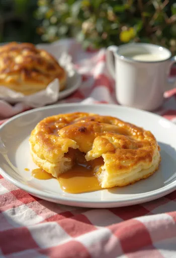 Æbleskiver recheado com creme de caramelo, assado até dourar, polvilhado com açúcar de confeiteiro