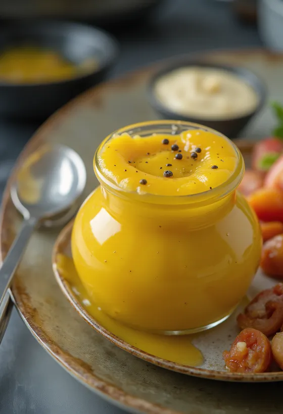 Molho de mostarda e mel com frutas cítricas em uma tigela, ao lado de frutas frescas e legumes.