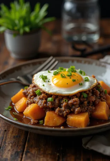 Loco Moco servido com batata doce