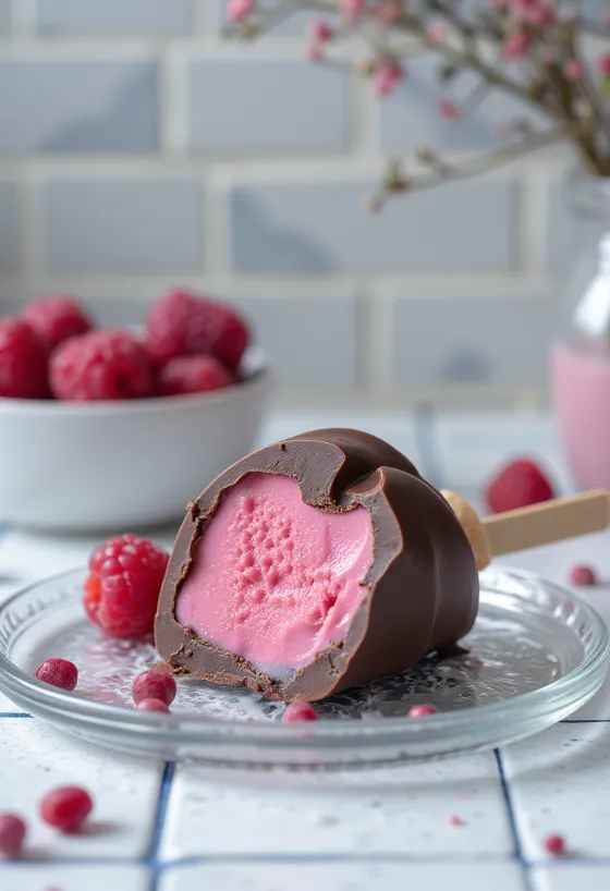 Sorvete Magnum Framboesa servido com cobertura de chocolate