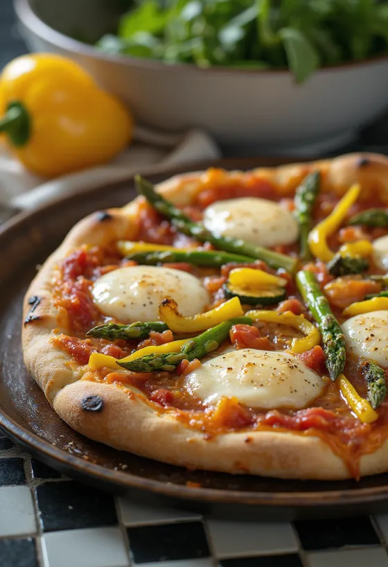 Pizza Primavera com legumes de primavera e manjericão