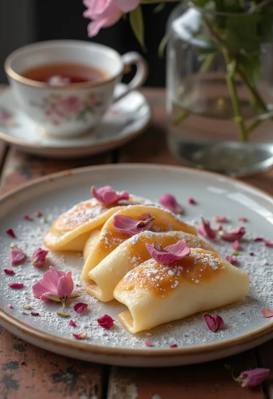 Panqueca com Água de Rosas com açúcar de confeiteiro