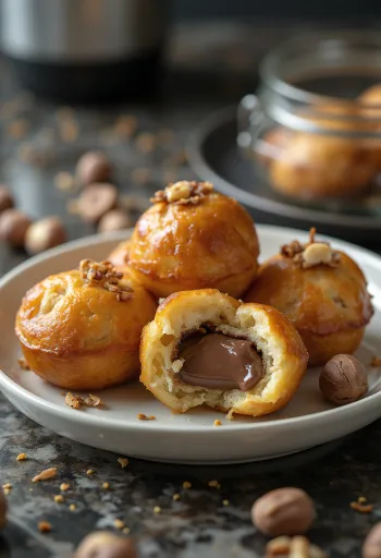 Æbleskiver recheado com Nutella assado até dourar, polvilhado com açúcar de confeiteiro