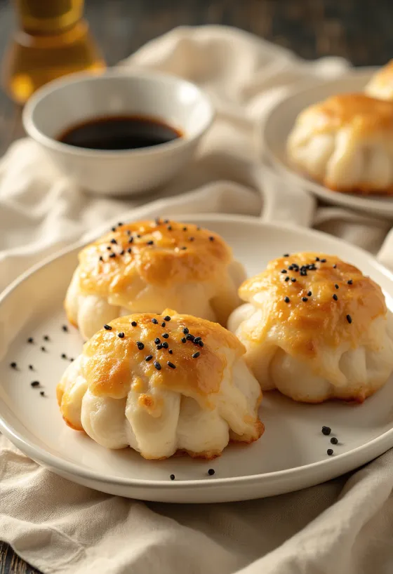 Baozi chinês frito com fundo crocante, servido em prato