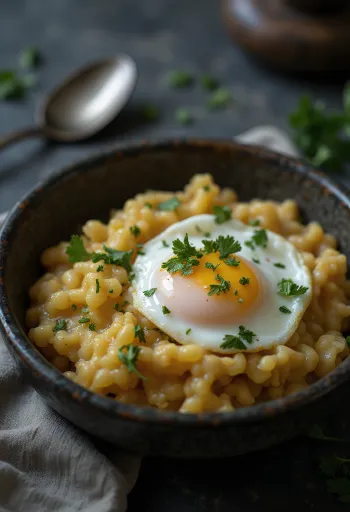 Açorda com ovo poché, decorada com coentro fresco, regada com suco de limão